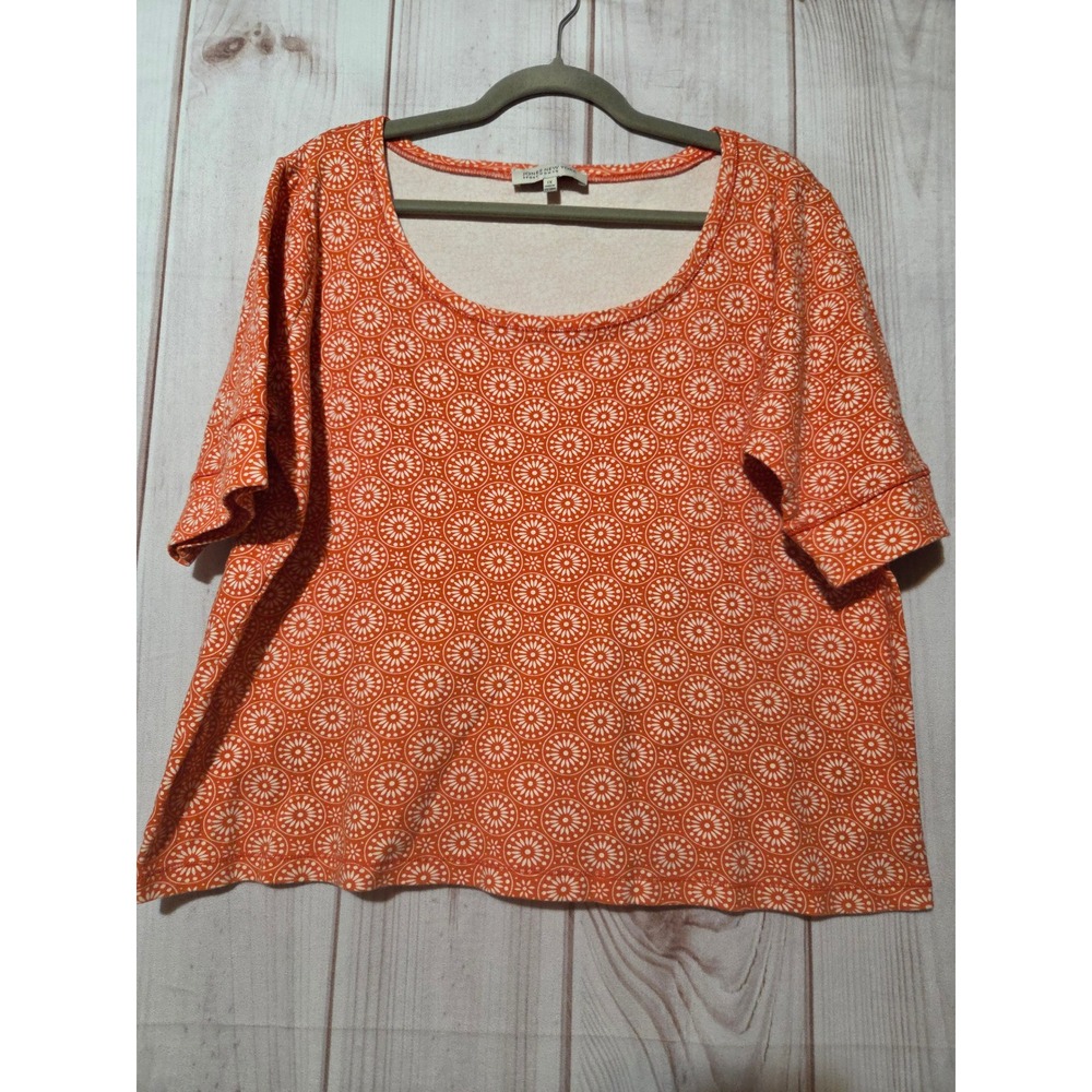 Jones New York Sport Woman Orange Medallion Print Cotton Top 1X Short Sleeve